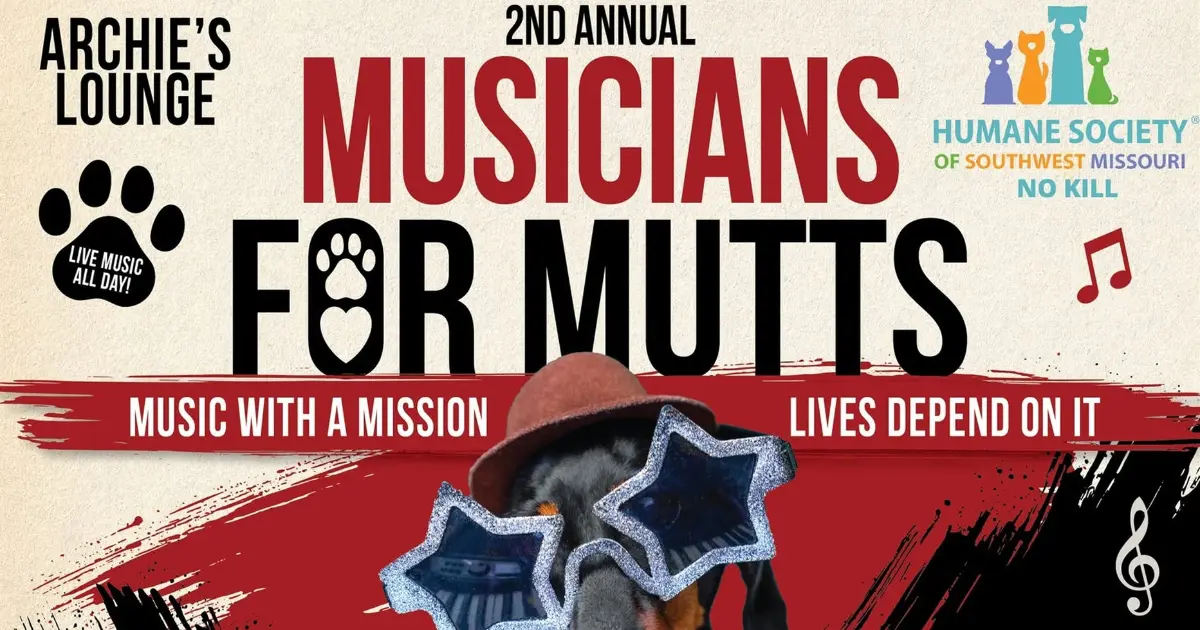 2nd Annual Musicians for Mutts flyer: a dog in star sunglasses; live music benefiting the Humane Society of Southwest Missouri