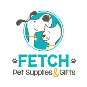 Fetch Pet Supplies & Gifts logo with a dog and cat nuzzling in a teal circle