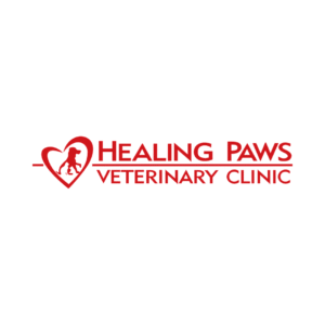 Healing Paws Veterinary Clinic logo with a dog and cat inside a red heart