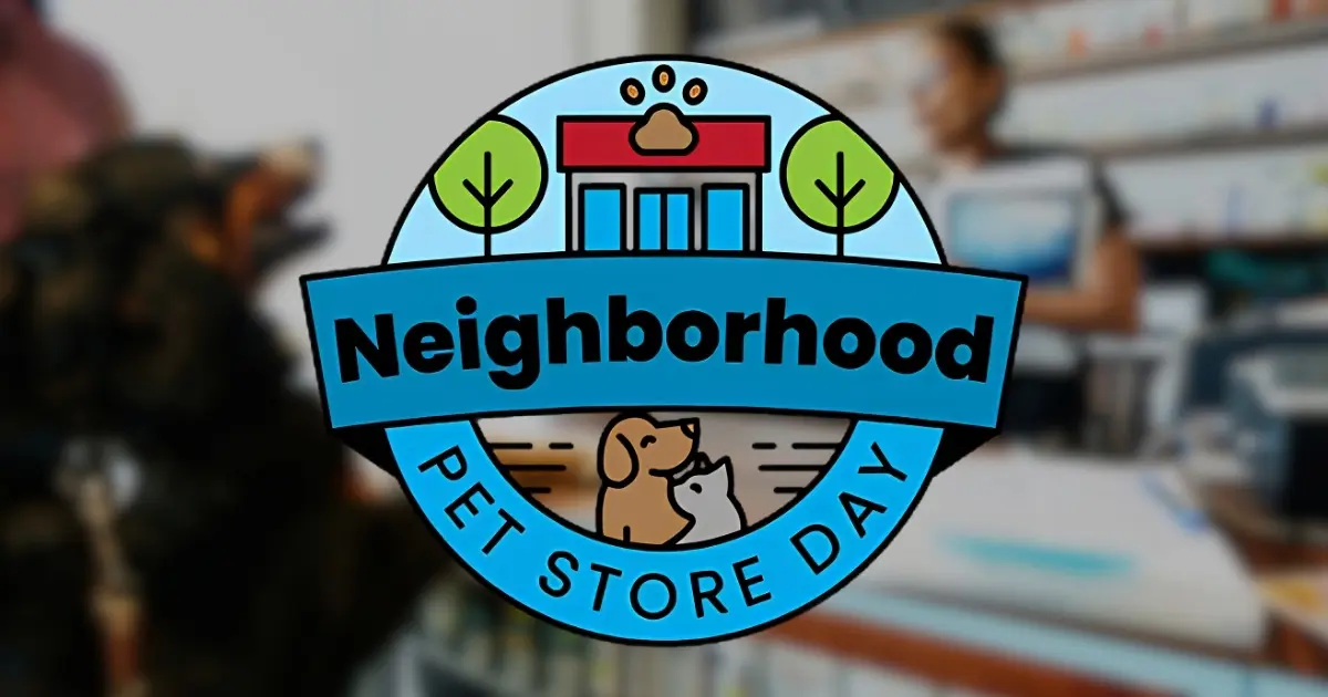 Neighborhood Pet Store Day graphic with a neighborhood pet shop and dog and cat illustrations.