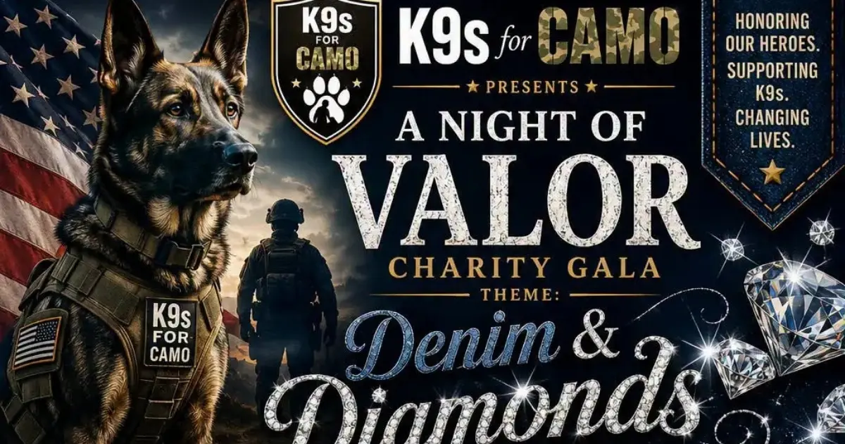 Night of Valor Gala flyer for K9s for Camo: a German shepherd in a tactical vest beside a soldier; Denim & Diamonds charity gala