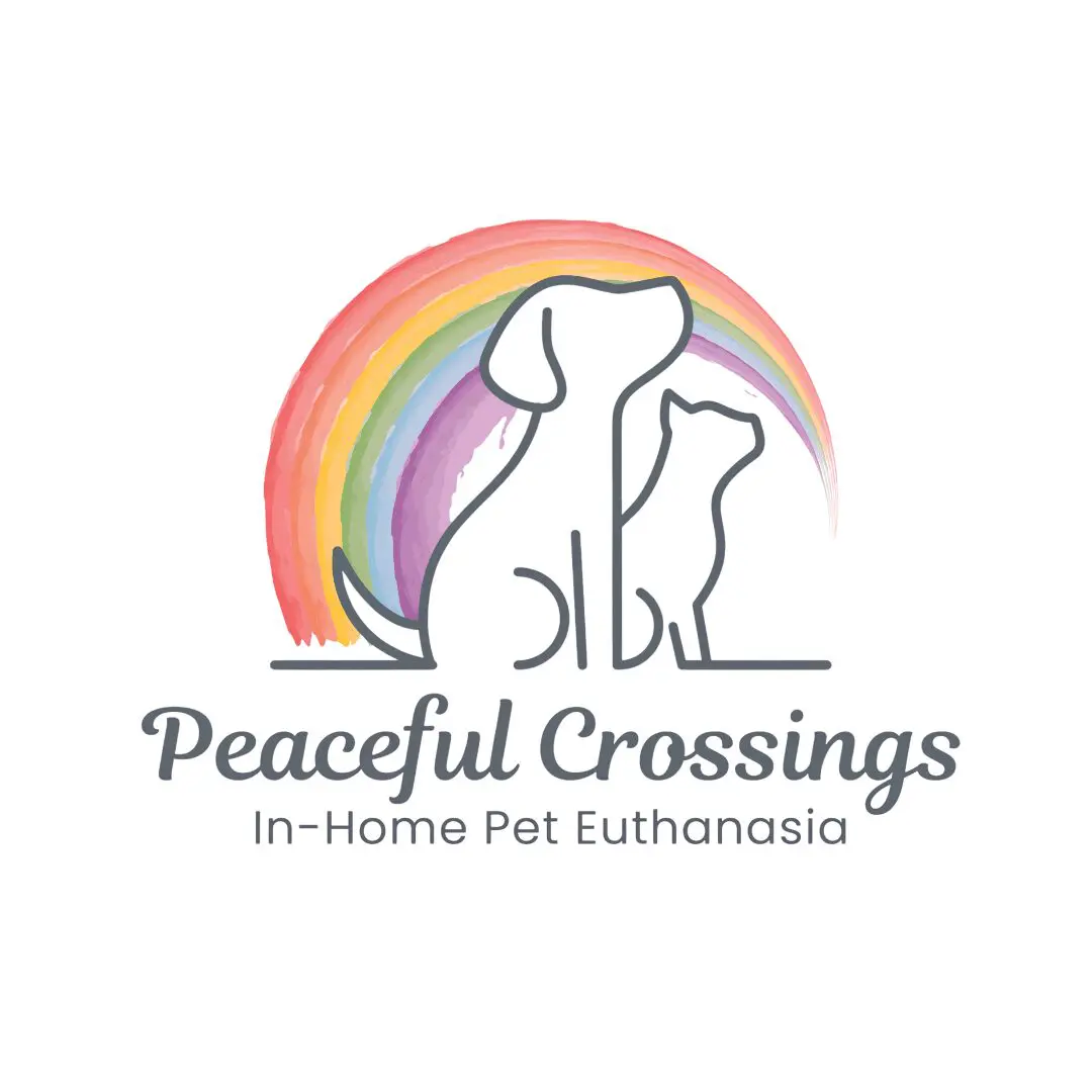 Peaceful Crossings In-Home Pet Euthanasia logo with a dog and cat under a watercolor rainbow