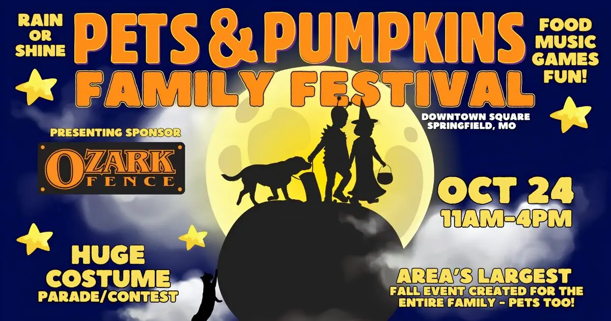 Pets & Pumpkins Family Festival flyer: costumed kids and a dog on a pumpkin at night; October 24, Downtown Square, Springfield, MO