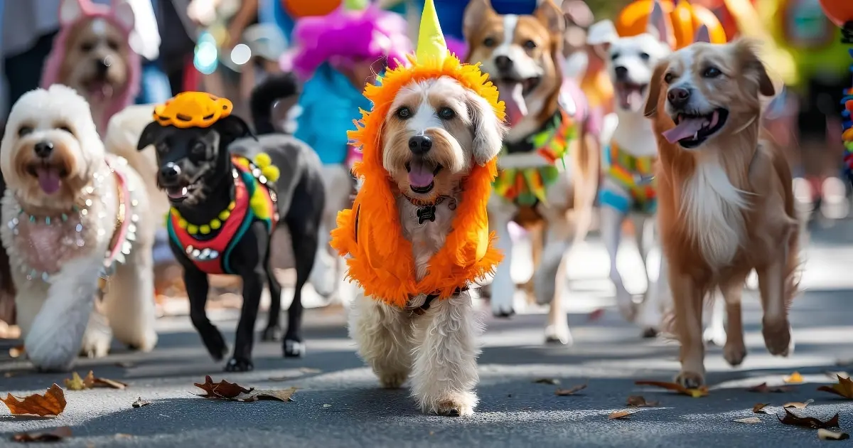 Dogs in colorful costumes participating in a fall pet parade for Republic Pumpkin Daze in Republic, Missouri.