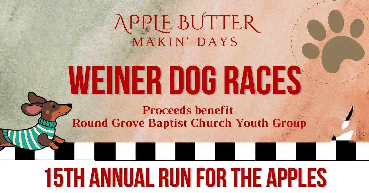 Apple Butter Makin’ Days Wiener Dog Races graphic featuring a racing dachshund and finish line.